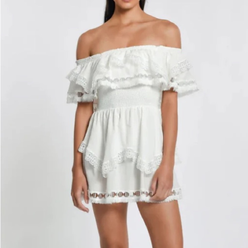 NWT Anthropologie Peixoto White Off Shoulder Tiered Ruffled Lace Mini Dress